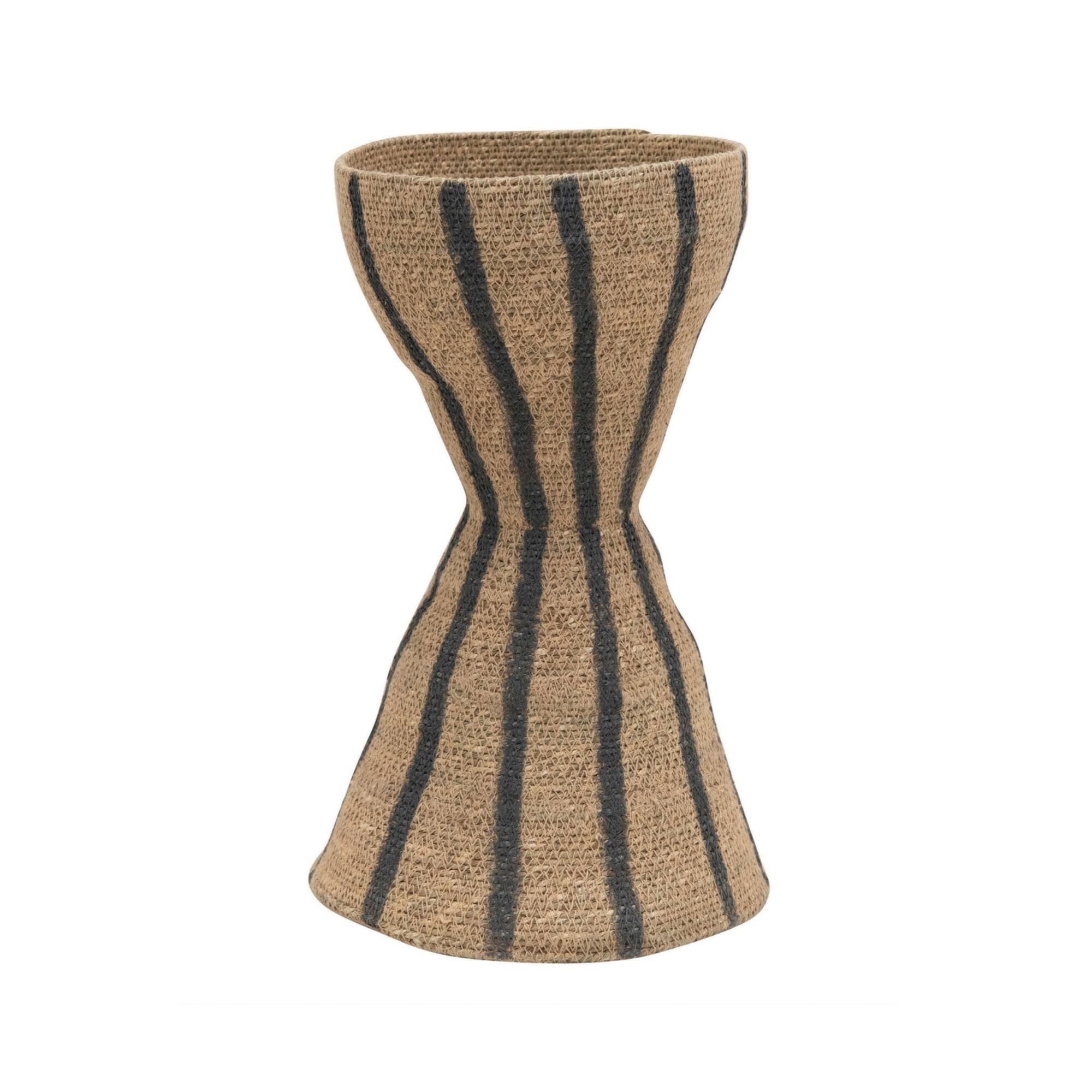 Hello Honey® 12" Natural & Black Hand-Woven Seagrass Hour Glass Shape Vase With Stripes